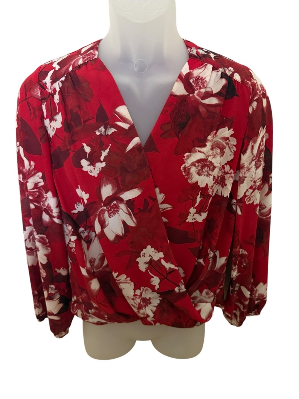 INC International Concepts Red Floral Surplice Blouse Women PS Petite Small